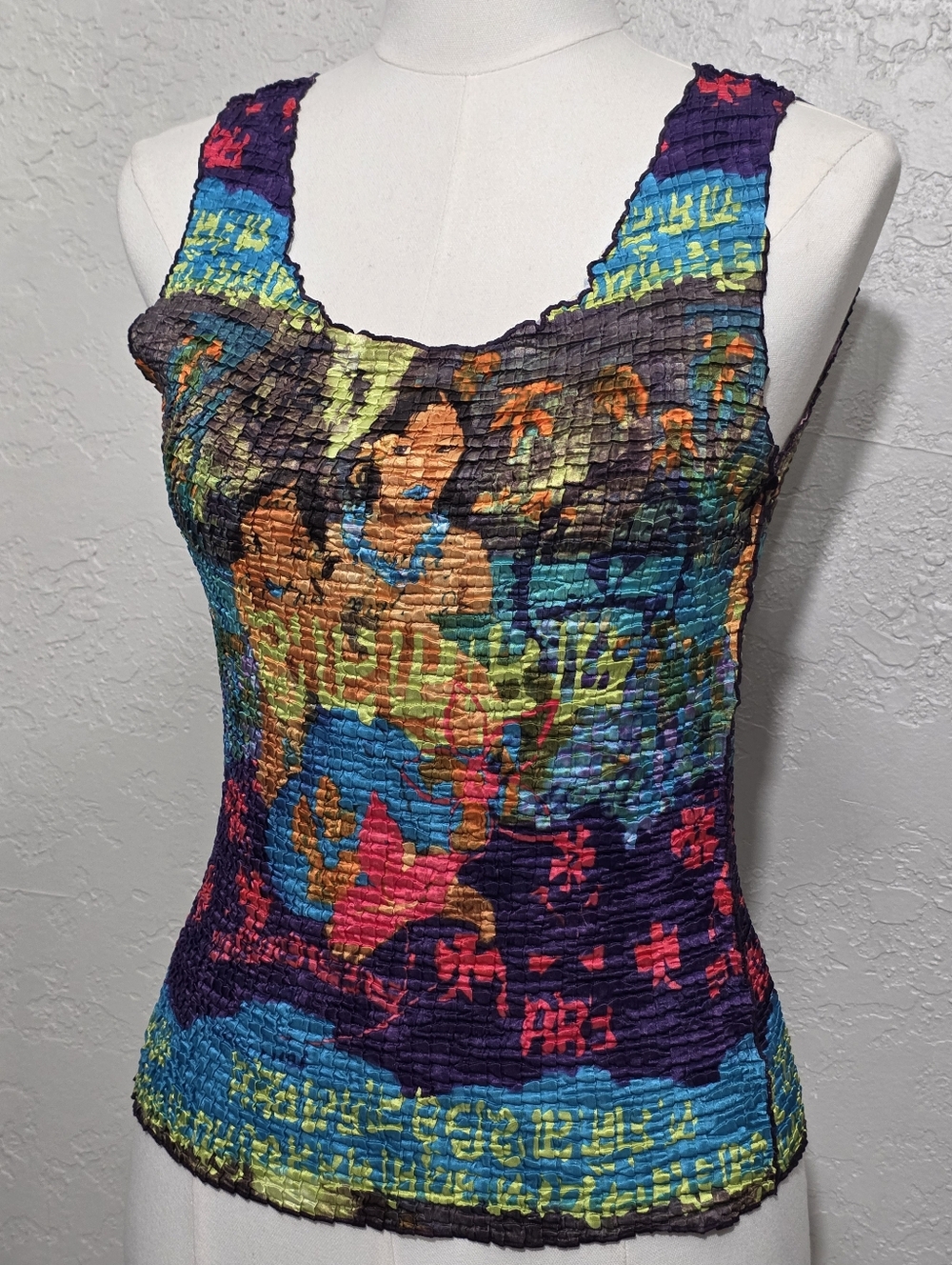 Vintage 90s Popcorn Top Gauguin Art Print Crinkle Stretch Tank Y2K Rare M - Picture 4 of 13